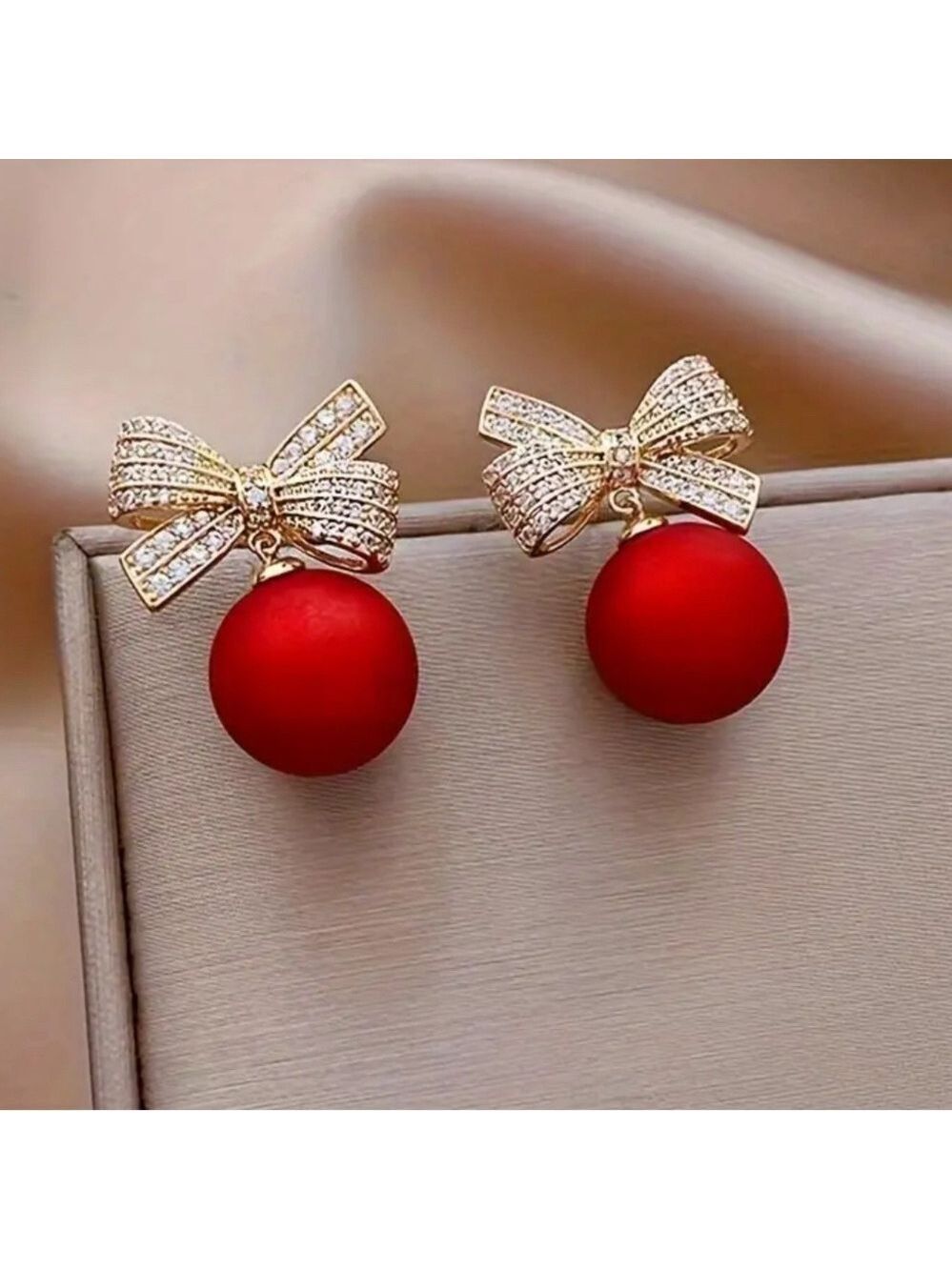 Earrings Red Ornament With Bow Gold Tone With Rhinestones Christmas Holiday - Picture 3 of 6